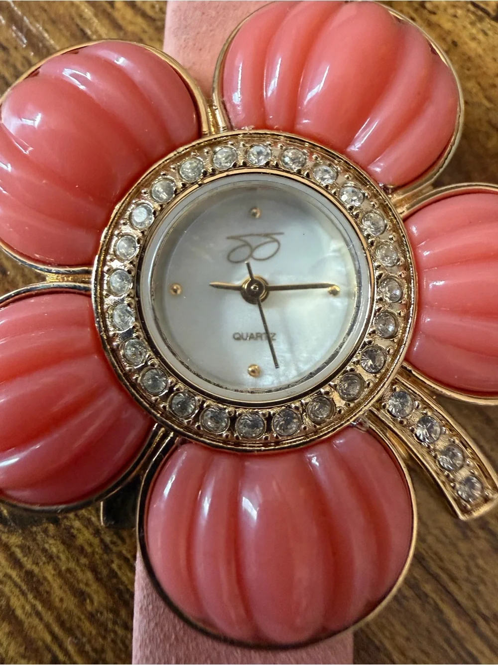Suzanne Somers Pink Flower Watch Rhinestone Mother Pearl Leather Y2K Quartz